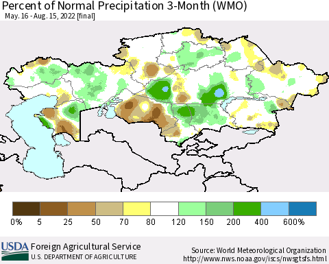 Kazakhstan Percent of Normal Precipitation 3-Month (WMO) Thematic Map For 5/16/2022 - 8/15/2022