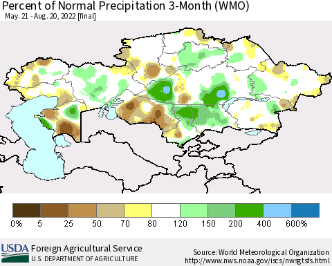 Kazakhstan Percent of Normal Precipitation 3-Month (WMO) Thematic Map For 5/21/2022 - 8/20/2022