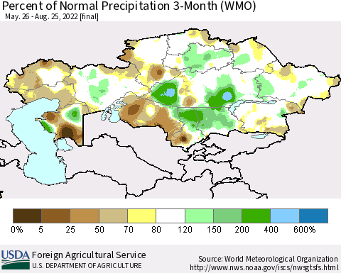 Kazakhstan Percent of Normal Precipitation 3-Month (WMO) Thematic Map For 5/26/2022 - 8/25/2022