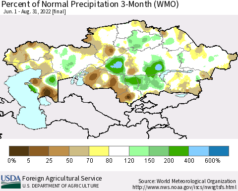 Kazakhstan Percent of Normal Precipitation 3-Month (WMO) Thematic Map For 6/1/2022 - 8/31/2022