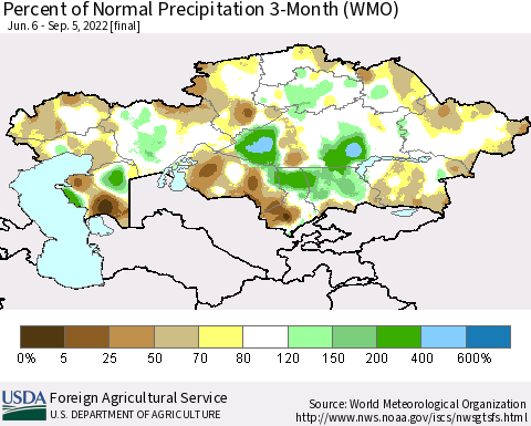Kazakhstan Percent of Normal Precipitation 3-Month (WMO) Thematic Map For 6/6/2022 - 9/5/2022