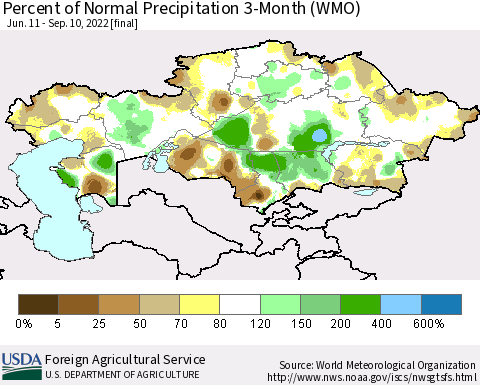 Kazakhstan Percent of Normal Precipitation 3-Month (WMO) Thematic Map For 6/11/2022 - 9/10/2022