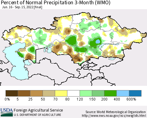 Kazakhstan Percent of Normal Precipitation 3-Month (WMO) Thematic Map For 6/16/2022 - 9/15/2022