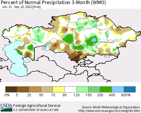 Kazakhstan Percent of Normal Precipitation 3-Month (WMO) Thematic Map For 6/21/2022 - 9/20/2022