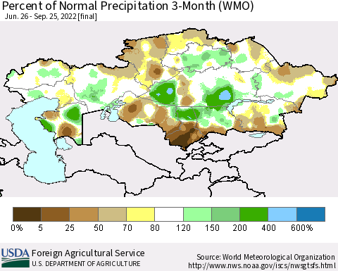 Kazakhstan Percent of Normal Precipitation 3-Month (WMO) Thematic Map For 6/26/2022 - 9/25/2022