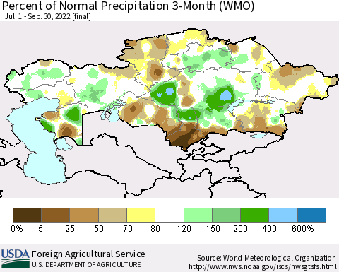 Kazakhstan Percent of Normal Precipitation 3-Month (WMO) Thematic Map For 7/1/2022 - 9/30/2022