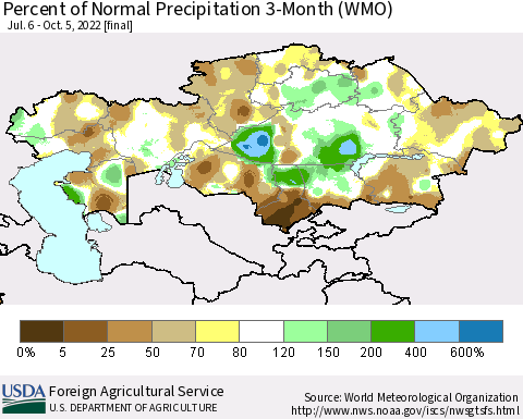 Kazakhstan Percent of Normal Precipitation 3-Month (WMO) Thematic Map For 7/6/2022 - 10/5/2022