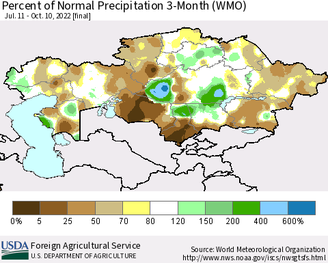 Kazakhstan Percent of Normal Precipitation 3-Month (WMO) Thematic Map For 7/11/2022 - 10/10/2022