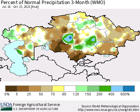Kazakhstan Percent of Normal Precipitation 3-Month (WMO) Thematic Map For 7/16/2022 - 10/15/2022