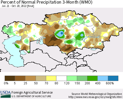 Kazakhstan Percent of Normal Precipitation 3-Month (WMO) Thematic Map For 7/21/2022 - 10/20/2022