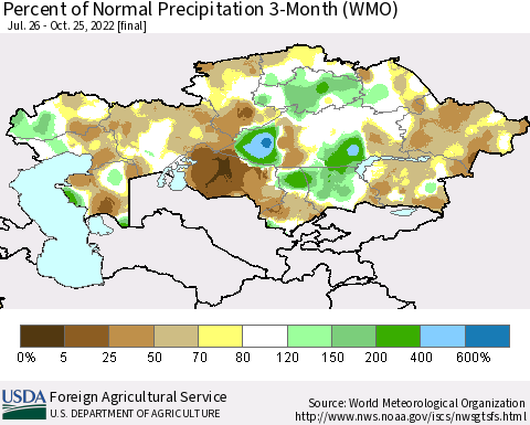 Kazakhstan Percent of Normal Precipitation 3-Month (WMO) Thematic Map For 7/26/2022 - 10/25/2022