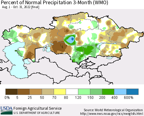 Kazakhstan Percent of Normal Precipitation 3-Month (WMO) Thematic Map For 8/1/2022 - 10/31/2022