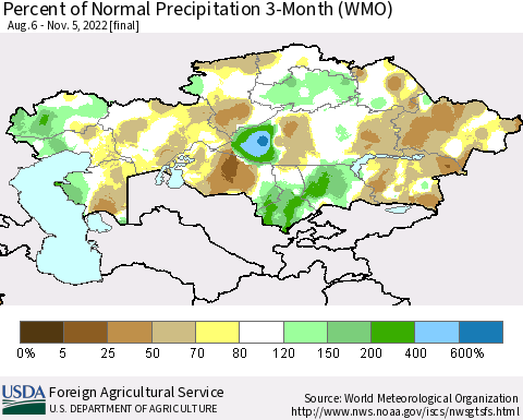 Kazakhstan Percent of Normal Precipitation 3-Month (WMO) Thematic Map For 8/6/2022 - 11/5/2022