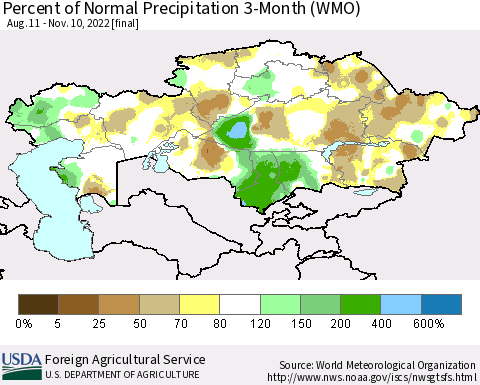 Kazakhstan Percent of Normal Precipitation 3-Month (WMO) Thematic Map For 8/11/2022 - 11/10/2022