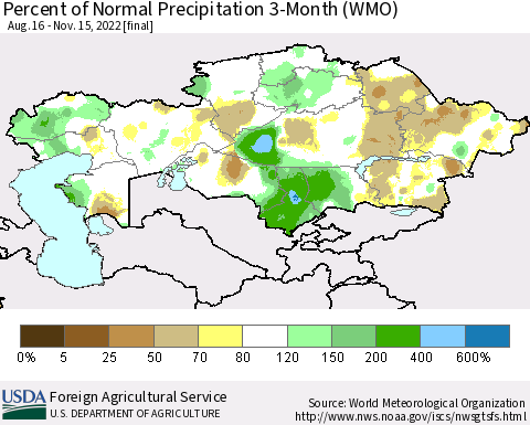 Kazakhstan Percent of Normal Precipitation 3-Month (WMO) Thematic Map For 8/16/2022 - 11/15/2022