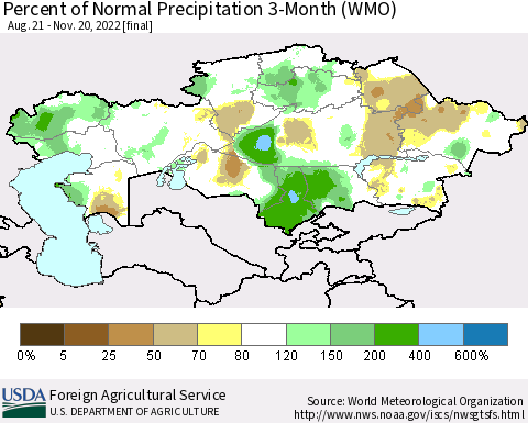 Kazakhstan Percent of Normal Precipitation 3-Month (WMO) Thematic Map For 8/21/2022 - 11/20/2022