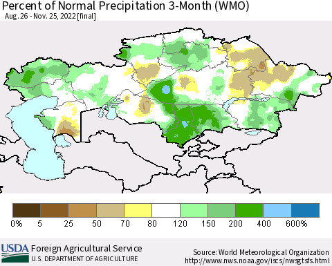 Kazakhstan Percent of Normal Precipitation 3-Month (WMO) Thematic Map For 8/26/2022 - 11/25/2022