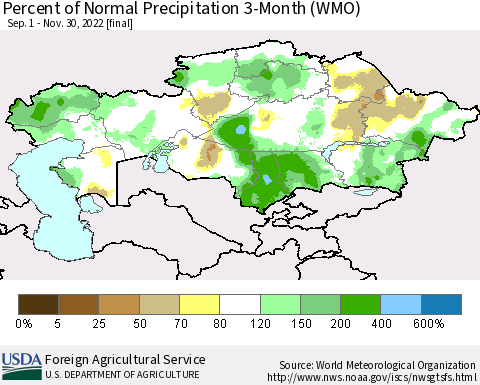 Kazakhstan Percent of Normal Precipitation 3-Month (WMO) Thematic Map For 9/1/2022 - 11/30/2022