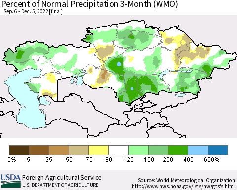 Kazakhstan Percent of Normal Precipitation 3-Month (WMO) Thematic Map For 9/6/2022 - 12/5/2022