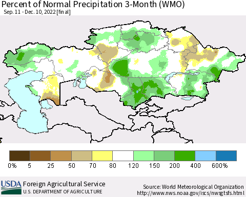 Kazakhstan Percent of Normal Precipitation 3-Month (WMO) Thematic Map For 9/11/2022 - 12/10/2022