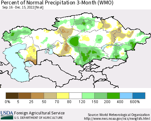 Kazakhstan Percent of Normal Precipitation 3-Month (WMO) Thematic Map For 9/16/2022 - 12/15/2022