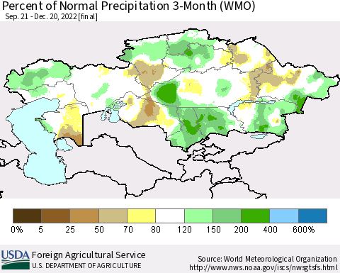 Kazakhstan Percent of Normal Precipitation 3-Month (WMO) Thematic Map For 9/21/2022 - 12/20/2022
