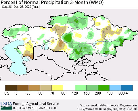 Kazakhstan Percent of Normal Precipitation 3-Month (WMO) Thematic Map For 9/26/2022 - 12/25/2022
