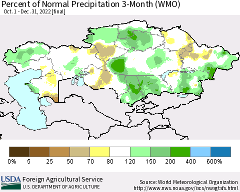 Kazakhstan Percent of Normal Precipitation 3-Month (WMO) Thematic Map For 10/1/2022 - 12/31/2022