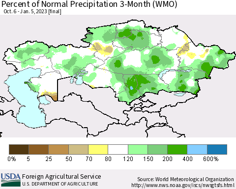 Kazakhstan Percent of Normal Precipitation 3-Month (WMO) Thematic Map For 10/6/2022 - 1/5/2023