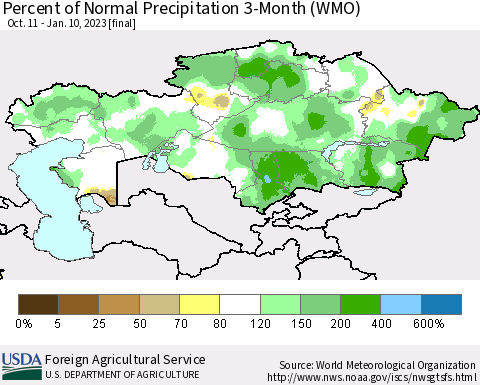Kazakhstan Percent of Normal Precipitation 3-Month (WMO) Thematic Map For 10/11/2022 - 1/10/2023
