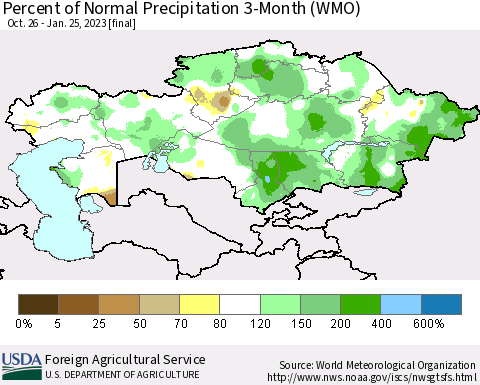 Kazakhstan Percent of Normal Precipitation 3-Month (WMO) Thematic Map For 10/26/2022 - 1/25/2023