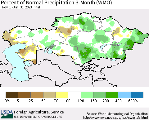 Kazakhstan Percent of Normal Precipitation 3-Month (WMO) Thematic Map For 11/1/2022 - 1/31/2023