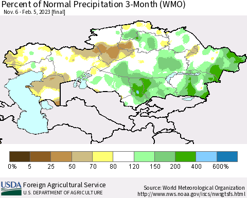 Kazakhstan Percent of Normal Precipitation 3-Month (WMO) Thematic Map For 11/6/2022 - 2/5/2023