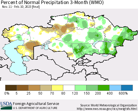 Kazakhstan Percent of Normal Precipitation 3-Month (WMO) Thematic Map For 11/11/2022 - 2/10/2023
