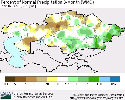Kazakhstan Percent of Normal Precipitation 3-Month (WMO) Thematic Map For 11/16/2022 - 2/15/2023