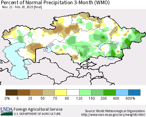 Kazakhstan Percent of Normal Precipitation 3-Month (WMO) Thematic Map For 11/21/2022 - 2/20/2023