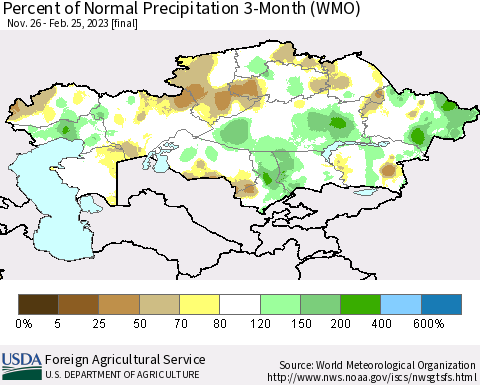 Kazakhstan Percent of Normal Precipitation 3-Month (WMO) Thematic Map For 11/26/2022 - 2/25/2023