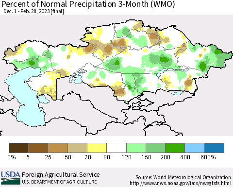 Kazakhstan Percent of Normal Precipitation 3-Month (WMO) Thematic Map For 12/1/2022 - 2/28/2023