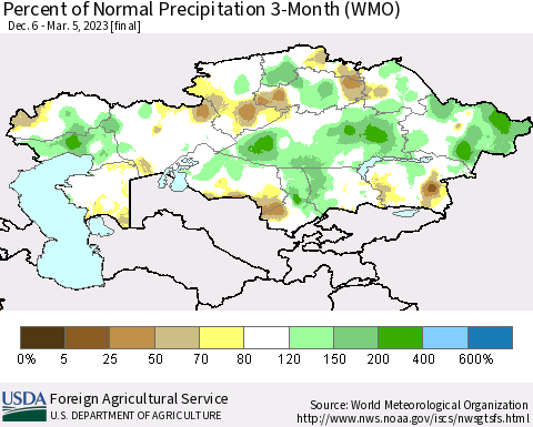 Kazakhstan Percent of Normal Precipitation 3-Month (WMO) Thematic Map For 12/6/2022 - 3/5/2023