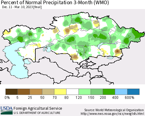 Kazakhstan Percent of Normal Precipitation 3-Month (WMO) Thematic Map For 12/11/2022 - 3/10/2023
