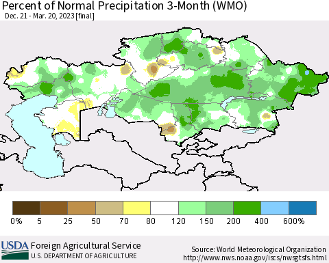Kazakhstan Percent of Normal Precipitation 3-Month (WMO) Thematic Map For 12/21/2022 - 3/20/2023