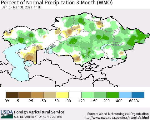 Kazakhstan Percent of Normal Precipitation 3-Month (WMO) Thematic Map For 1/1/2023 - 3/31/2023