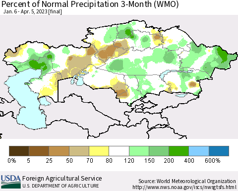 Kazakhstan Percent of Normal Precipitation 3-Month (WMO) Thematic Map For 1/6/2023 - 4/5/2023