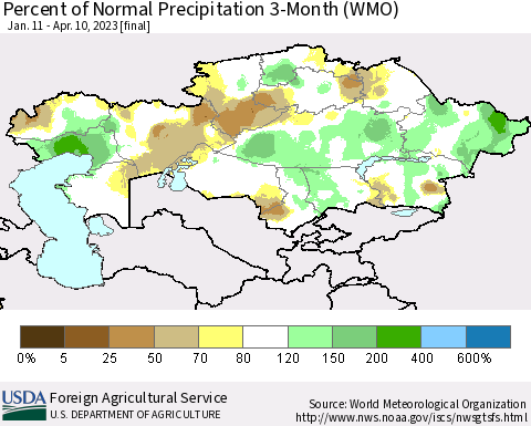 Kazakhstan Percent of Normal Precipitation 3-Month (WMO) Thematic Map For 1/11/2023 - 4/10/2023