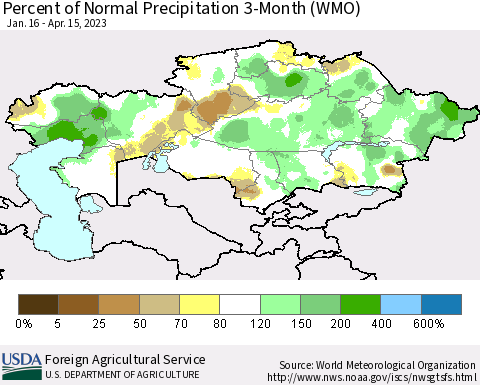 Kazakhstan Percent of Normal Precipitation 3-Month (WMO) Thematic Map For 1/16/2023 - 4/15/2023
