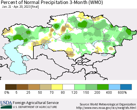 Kazakhstan Percent of Normal Precipitation 3-Month (WMO) Thematic Map For 1/21/2023 - 4/20/2023