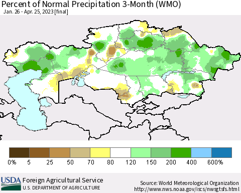 Kazakhstan Percent of Normal Precipitation 3-Month (WMO) Thematic Map For 1/26/2023 - 4/25/2023