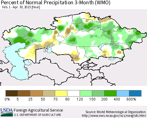 Kazakhstan Percent of Normal Precipitation 3-Month (WMO) Thematic Map For 2/1/2023 - 4/30/2023