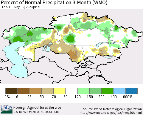 Kazakhstan Percent of Normal Precipitation 3-Month (WMO) Thematic Map For 2/11/2023 - 5/10/2023