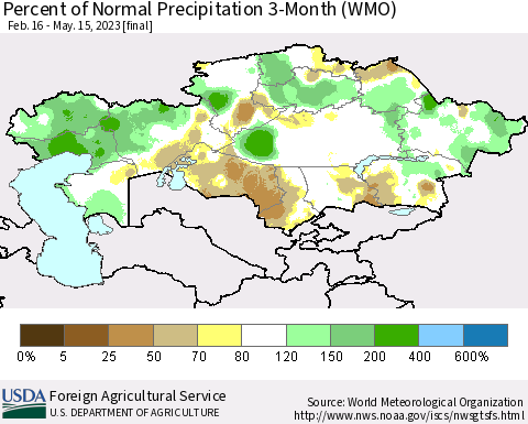 Kazakhstan Percent of Normal Precipitation 3-Month (WMO) Thematic Map For 2/16/2023 - 5/15/2023